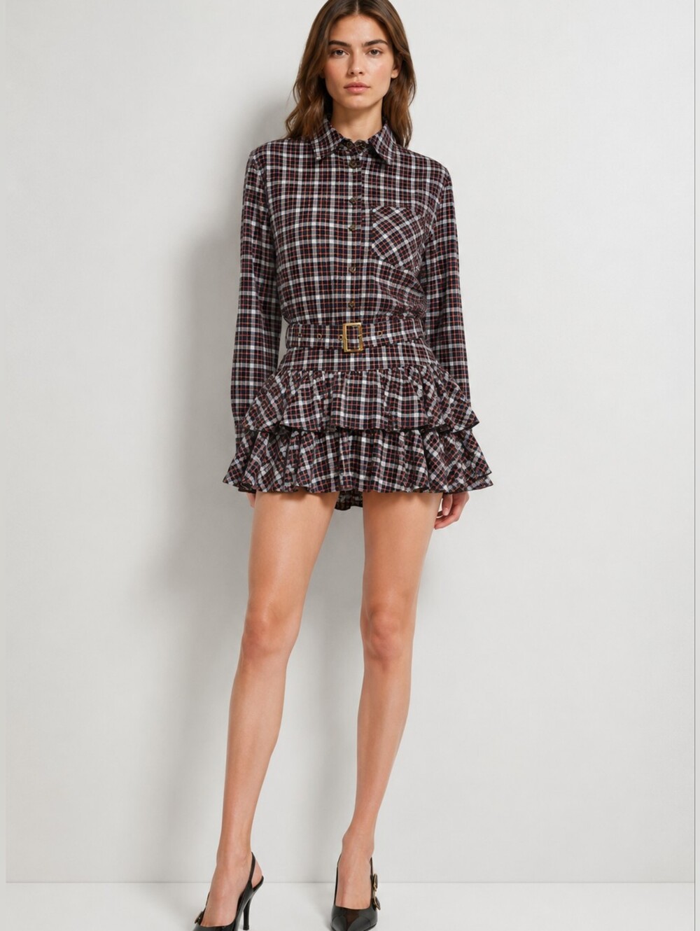 Plaid Belted Mini Skirt Dress XS Ruffle Hem Long Sleeve Dark Blue Cotton